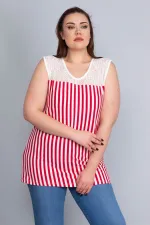 Kadın Kırmızı Robası Dantel Detaylı Çizgili Viskon Bluz 65N22750