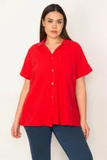 Kadın Kırmızı Apaşe Yaka Ön Düğmeli Kısa Kollu Gömlek 65N31391
