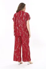 Kadın Büyük Beden Bordo Ön Düğmeli Bluz Beli Lastikli Panyolon İkili Takım 65N37971