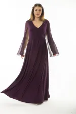 Kadın Büyük Beden Lacivert Bel Detaylı Kolları Tül Abiye Elbise 65N37065