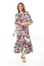 Kadın Büyük Beden Mavi Dokuma Viskon Kumaş Eteği Katlı Kısa Kollu Elbise 65N37868