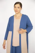 Kadın Büyük Beden İndigo Hırka İç Bluz Ve Pantolon Üçlü Takım