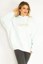 Women's Blue 3-Thread Polar Fleece Embroidery Detailed Hooded Sweatshirt 65N35078