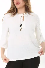 Kadın Büyük Beden Kemik Kendinden Desenli Gofre Kumaş Yaka Bağcıklı Kapri Kollu Bluz 65N37579