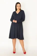 Kadın Lacivert V Yakalı Uzun Kollu Elbise 65N34945