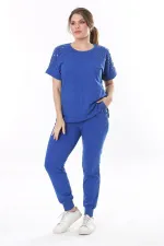 Kadın Büyük Beden Saks Taş Detaylı Kısa Kollu Sweatshirt Pantolon Takım 65N37702