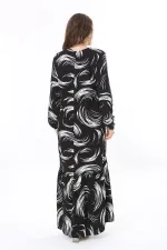 Kadın Büyük Beden Siyah Dokuma Viskon Kumaş Etek Ucu Katlı Uzun Kollu Elbise 65N37958