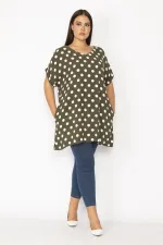 Kadın Haki V Yakalı Duble Kollu Puan Desenli Tunik 65N35337