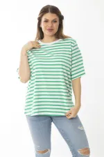 Kadın Büyük Beden Yeşil Bisiklet Yakalı Çizgili Bluz 65N37022