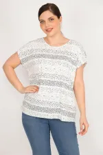 Kadın Bebe Mavisi Büyük Beden Pamuklu Kumaş Düşük Kol Desenli Bluz