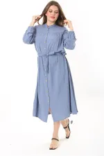 Kadın Lacivert Ön Düğmeli Roba Büzgülü Uzun Kuşaklı Elbise 65N37882