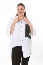 Chemise en similicuir grande taille pour femme, fermeture à boutons-pression, poche et détail sur le devant 65N37698 Chemise en similicuir grande taille pour femme, fermeture à boutons-pression, poche et détail sur le devant 65N37698