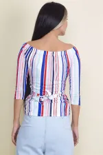 KARMEN YAKA KAPRİ KOL BEL BAĞLAMALI RENKLİ BLUZ