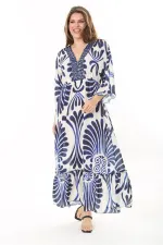 Kadın Büyük Beden Mavi Yakası Taş Detaylı Etek Ucu Katlı Krep Elbise 65N37907