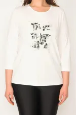 Kadın Kemik Büyük Beden Sim Baskılı Kapri Kol Likralı Bluz 65N35706