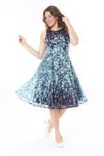 Kadın Büyük Beden Mavi Arka Fermuarlı Astarlı Dantel Elbise 65N37983