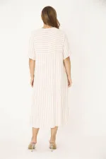 Kadın Büyük Beden Pembe Yakası Dantel Detaylı Çizgi Kombinli Elbise 65N36787