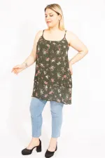 Kadın Haki Büyük Beden Şifon Kumaş Askılı Önü Katlı Bluz 65N35663