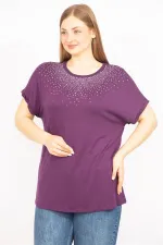 Kadın Mürdüm Büyük Beden Taş Detaylı Düşük Kol Bluz 65N35636