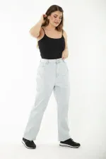 Kadın Büyük Beden Mavi Yıkama Efektli Yüksek Bel Kot Pantolon 65N37246