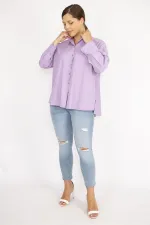 Kadın Büyük Beden Lila Poplin Kumaş Ön Düğmeli Yan Yırtmaçlı Uzun Kollu Gömlek 65N36798