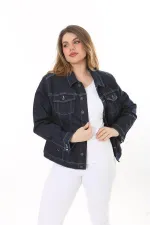 Kadın Büyük Beden Lacivert Ön Düğmeli Likralı Kot Mont 65N37576