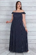 KADIN LACİVERT YAKA VE ASKILARI LASTİK DETAYLI PUAN DESENLİ YIRTMAÇLI UZUN ELBİSE