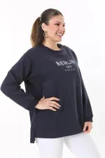 Women's Plus Size Navy Blue Ribbed Inside Slit Sweatshirt 65N37716