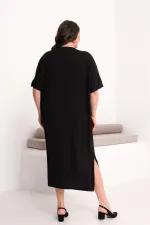 Kadın Büyük Beden Siyah, Nakış Rahat Kesim Elbise 65N39441