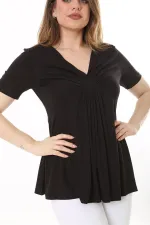 Kadın Büyük Beden Bordo Göğüs Büzgü Detaylı V Yakalı Kısa Kollu Bluz 65N37581