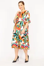 Kadın Renkli Büyük Beden Dokuma Viskon Kumaş Katlı Elbise 65N35838