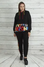 Kadın Saks Kapşonlu Fermuar Ve Baskı Detaylı Kuşgözlü Sweatshirt Pantolon Takım 65N19562