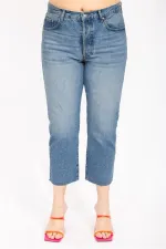 Kadın Mavi Büyük Beden Yıkama Efektli Paçası Pis Dikişli Bilek Boy 5 Cep Kot Pantolon