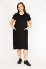 Kadın Lacivert Büyük Beden Cebi File Detaylı Kısa Kollu Viskon Elbise