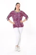 Kadın Büyük Beden Mürdüm Yaka Ve Kolları Sim Şerit Detaylı Uzun Kollu Bluz 65N37709