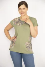 Kadın Haki Büyük Beden Bisiklet Yakalı Ön Baskılı Kısa Kol Bluz