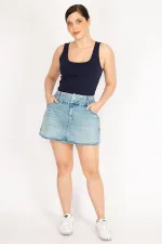 Kadın Mavi Büyük Beden Ön Fermuarlı Likralı Kot Etek