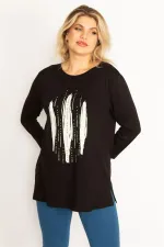 Kadın Siyah Taş Ve Baskı Detaylı Bluz 65N34713