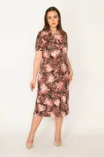 KADIN RENKLİ ÇİÇEK DESENLİ KISA KOL VİSKON ELBİSE