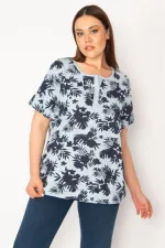 KADIN MAVİ PAMUKLU KUMAŞ NERVÜR DİKİŞLİ PATI DÜĞMELİ BLUZ