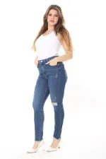 Kadın Büyük Beden Lacivert Yüksek Bel Yırtık Detaylı Skınny Kot Pantolon 65N38030