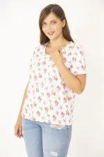 Kadın Büyük Beden Kemik Pamuk Kumaş Bisiklet Yakalı Desenli Bluz 65N36922