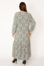 Kadın Siyah Dokuma Viskon Kumaş Etek Ucu Katlı Uzun Kollu Elbise 65N34324