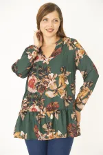 Kadın Büyük Beden Yeşil V Yakalı Etek Ucu Katlı Astarlı Şifon Tunik 65N36955