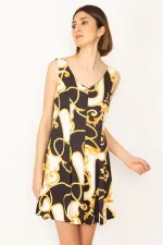 KADIN RENKLİ ÖN ARKA V YAKA DESENLİ ELBİSE