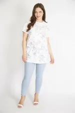 Kadın Beyaz Büyük Beden Önü Flok Bisiklet Yakalı Kısa Kollu Bluz