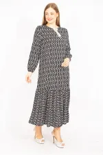 Kadın Siyah Dokuma Viskon Kumaş Etek Ucu Katlı Uzun Kollu Elbise 65N35511