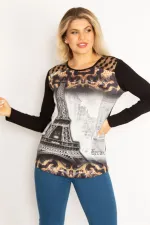 Kadın Siyah Omuz Robası Dantel Taş Ve Baskı Detaylı Tunik 65N34682