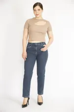 Kadın Büyük Beden Lacivert Ön Cepli Likralı Kot Pantolon 65N36986