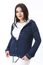 Women's Plus Size Navy Blue Snap Button Hooded Denim Coat 65N38380